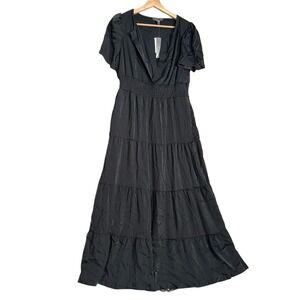 Nordstrom Love By Design Women Black Tiered Maxi Short Sleeve Dress Spring Sz S